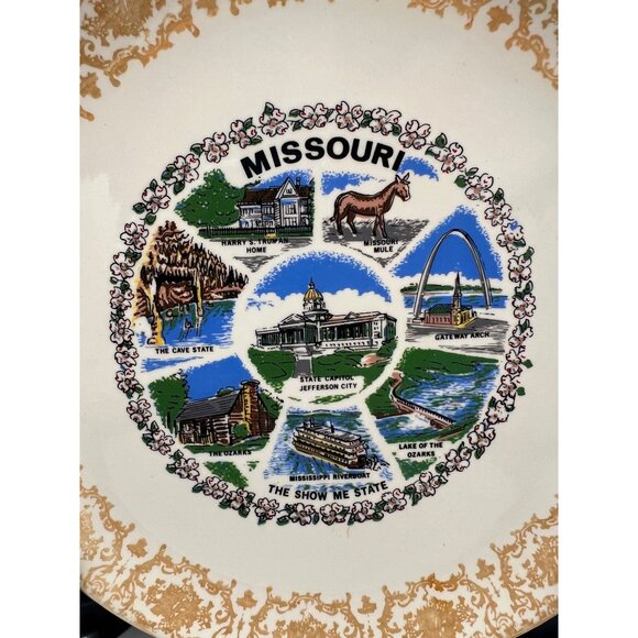 Missouri Souvenir Plate 9.25" Scenic Landmarks Gold Trim Show Me State - Picture 3 of 4